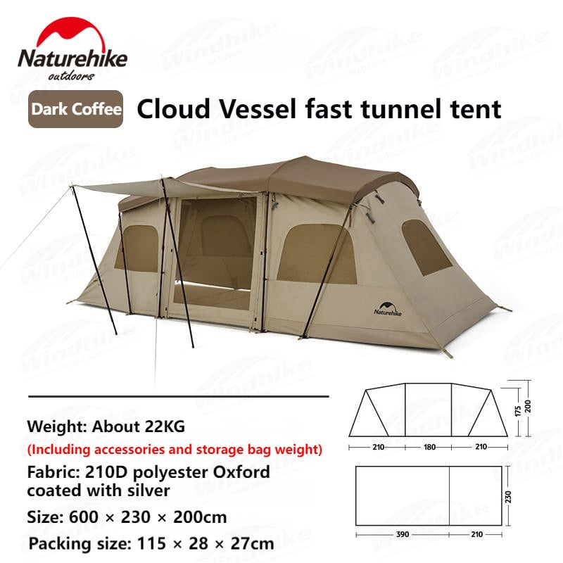 Naturehike CLOUD VESSEL Series Quick Build Pole 4 Person One Bedroom One Living Room Tunnel Style Camping Tent Fast Automatic Open Poles Outdoor Tent