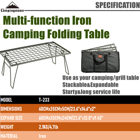 CAMPINGMOON Black Iron Stainless Steel Stackable Multi-Purpose Camping Portable Folding Table Outdoor Storage Rack Foldable Metal Table Camping Moon