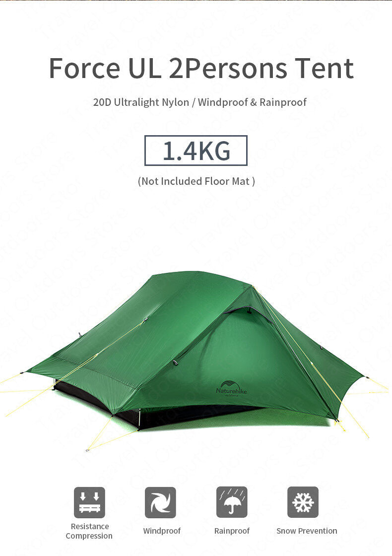 Naturehike Force UL2 Camping Tent 1.4KG Outdoor Ultralight 20D Silicone Large Space Waterproof Portable Camp Hiking Backpacking Cycling Tent With Free Mat UL 2 Nature Hike