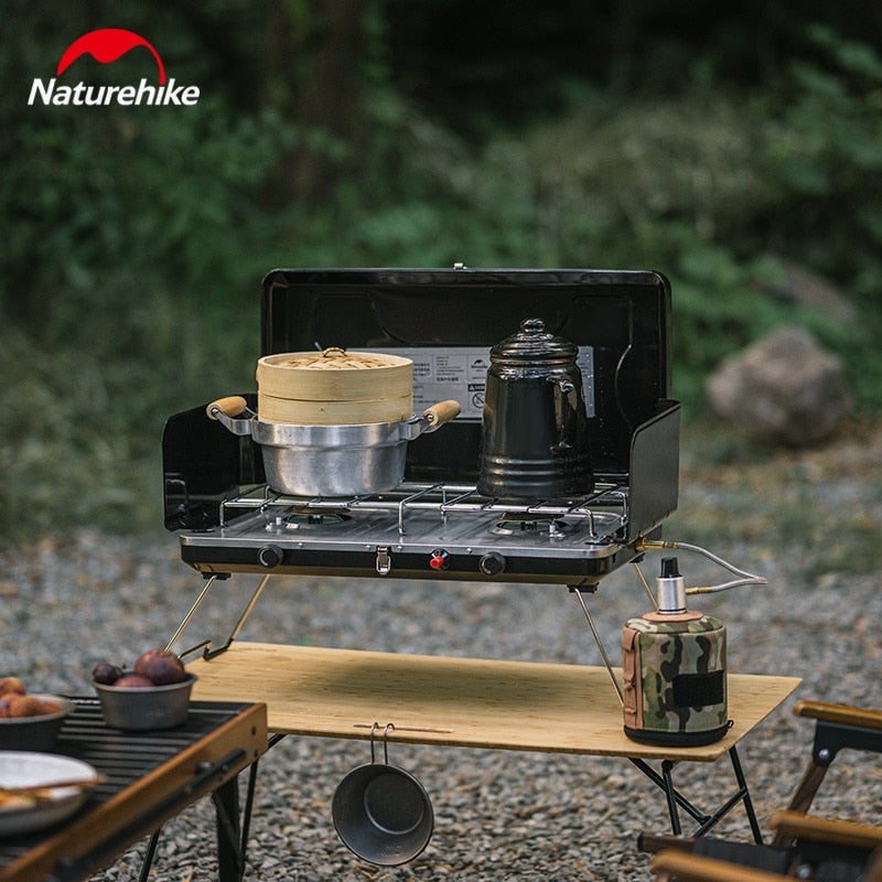 Naturehike Folding Double Camping Gas Stove Outdoor Portable Dual Head Butane Fuel 3000W Fire Power Burner with Foldable Wind Screen