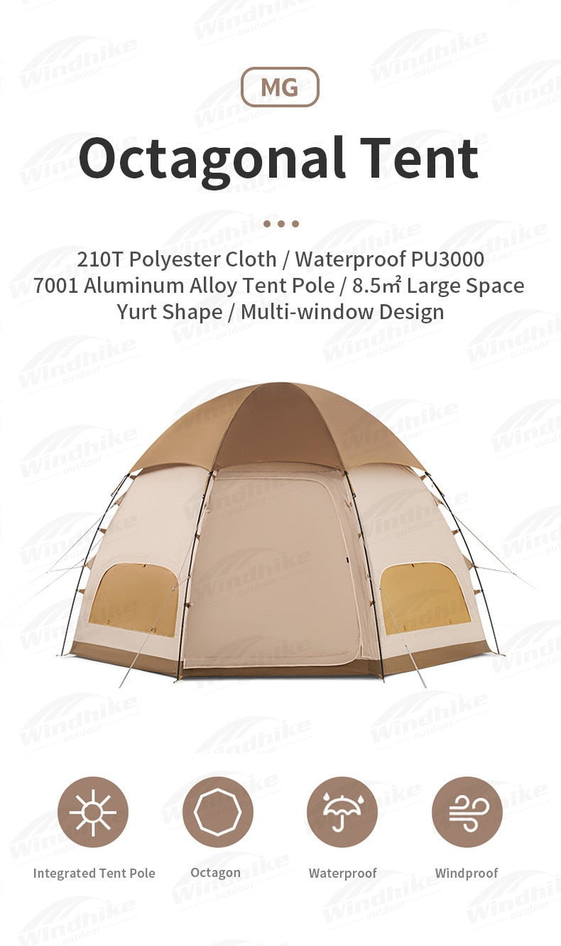 Naturehike MG Octagon Dome Style Camping Tent for 4 Person 2 Doors Multiple Window Breathable Waterproof Tent 8.5sqm Octagonal Structure with Mat