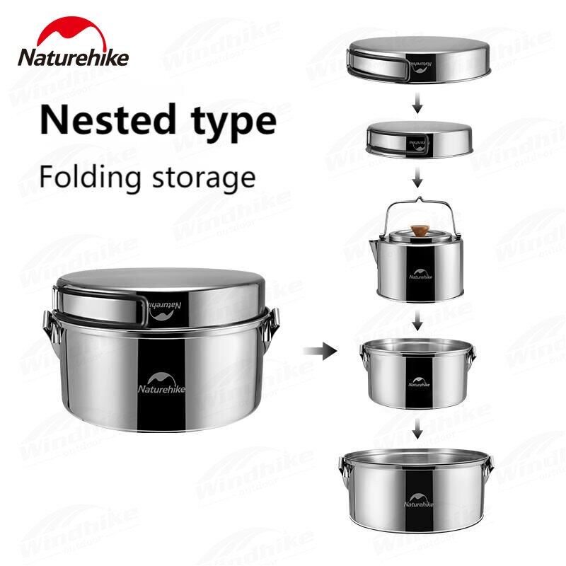 Naturehike Pure 304 Stainless Steel Camping Pot or Pot + Kettle Cookware Set Outdoor 3 in 1 Function and 5pcs in 1 Cooking Pot Frying Pan with Cover