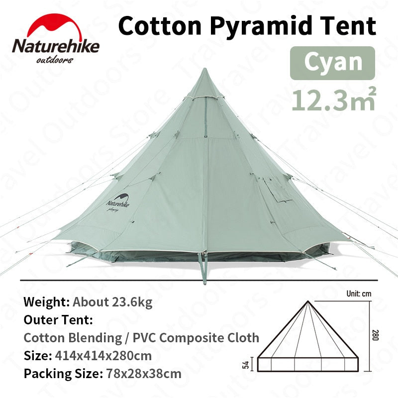 Naturehike BRIGHTEN Series 12.3 Blended Cotton Pyramid Bell Camping Glamping Tent 12.3m² Large Family Group Waterproof for 8 Person Tipi 12