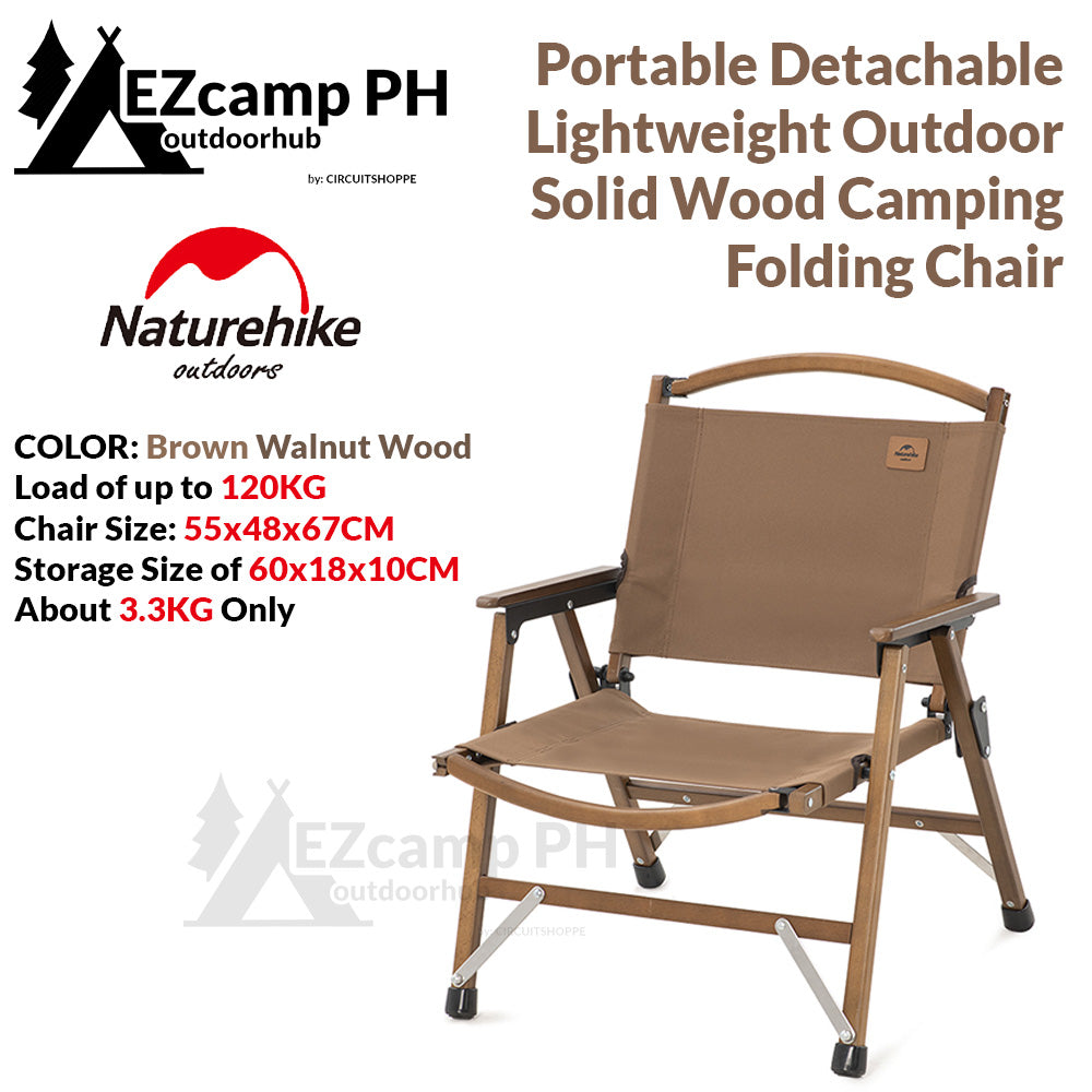 Naturehike Premium Portable Folding Wooden Outdoor Camping Kermit Chair Solid Wood Material Glamping Detachable Ultralight Foldable Camp Steady Chair Nature Hike Picnic Beech Walnut Finish