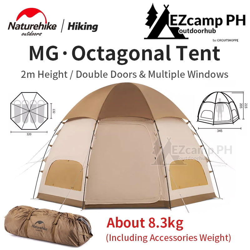 Naturehike MG Octagon Dome Style Camping Tent for 4 Person 2 Doors Multiple Window Breathable Waterproof Tent 8.5sqm Octagonal Structure with Mat