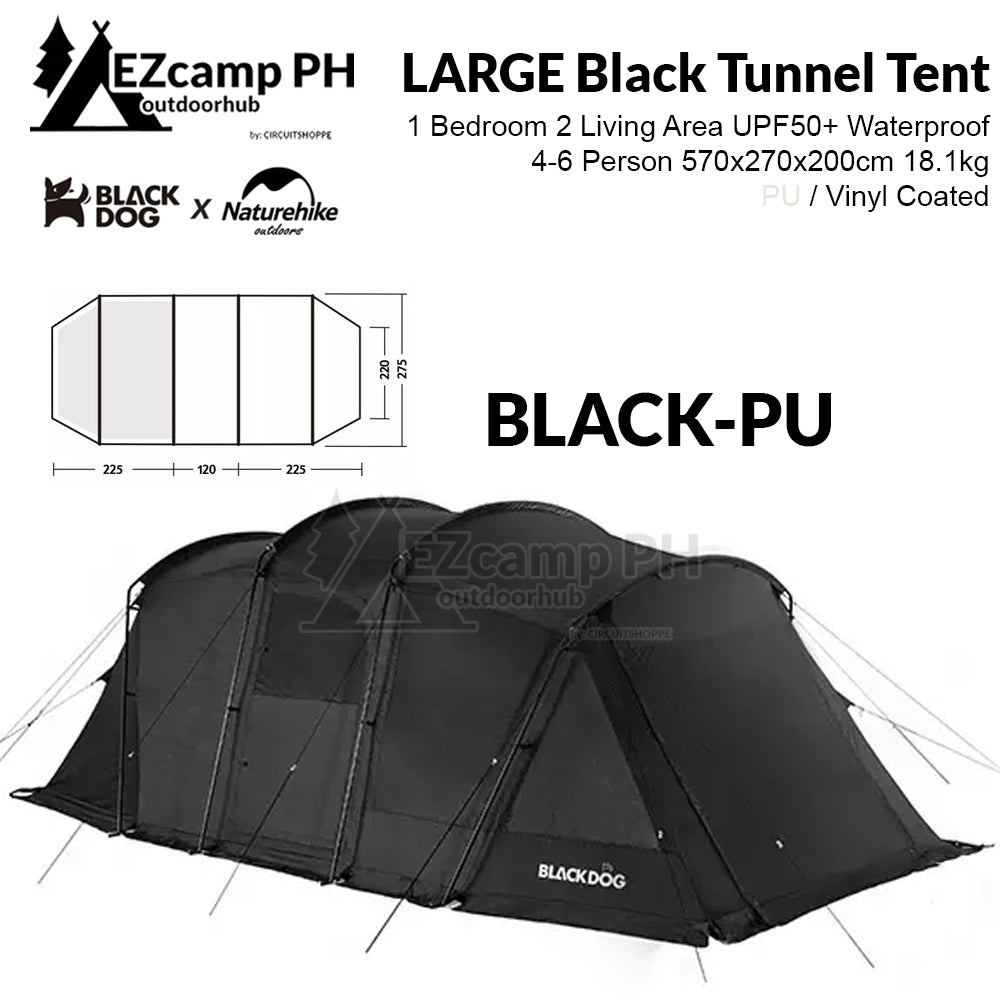 BLACKDOG by Naturehike Large Big Black Beige Tunnel Tent 4 to 6 Person 1 Bedroom 2 Living Area UPF50+ Outdoor Waterproof PU Vinyl Coated Camping