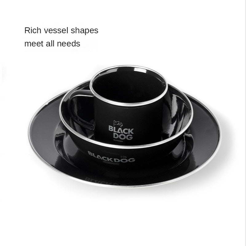 BLACKDOG Premium Black Enamel Coated Tableware Portable Lightweight Cup Dish Plate Bowl Dinnerware Mug Glass Glazed Glossy Finish Elegant Utensil Kitchen Picnic Tools Equipment Camping Outdoor Hiking Original Black Dog