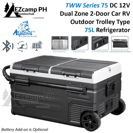 ALPICOOL TWW Series TWW75 75L 12V 24V DC Car RV Dual Zone 2 Door Wheel Trolley Portable Camping Refrigerator LG Compressor Cooler Ref Fridge Freezer