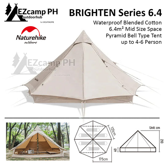 Naturehike BRIGHTEN Series 6.4 Blended Cotton Pyramid Bell Camping Glamping Tent 6.4m² Family Waterproof Outdoor Luxury Shelter for 4 to 6 Person Tipi