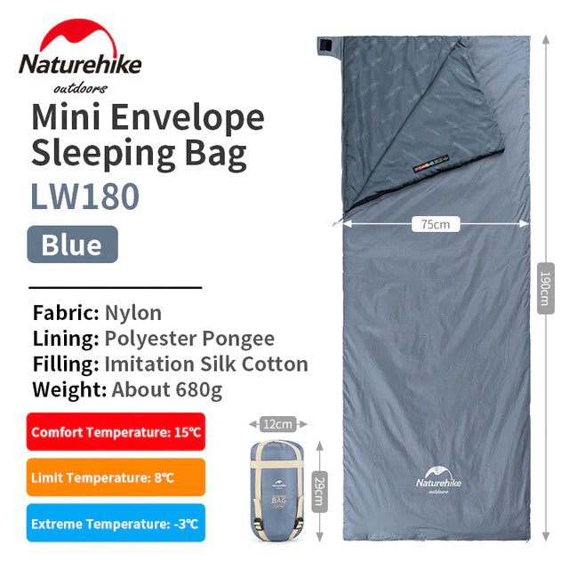 Naturehike LW180 Sleeping Bag Camping Hiking Comfortable Envelope Type Bed Portable Ultralight Foldable Outdoor Pad Breathable  Soft Cotton LW 180