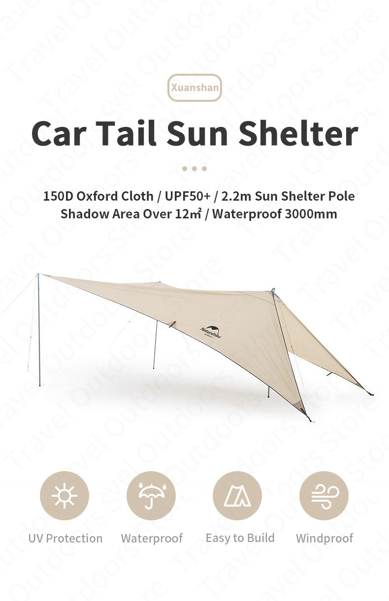 Naturehike Gabled Car Back Awning Canopy Camping Tarp Tent 150D Oxford Cloth UPF50+ with 3 Poles Car Camp Tail Sun Shade Rain Fly Waterproof Windproof