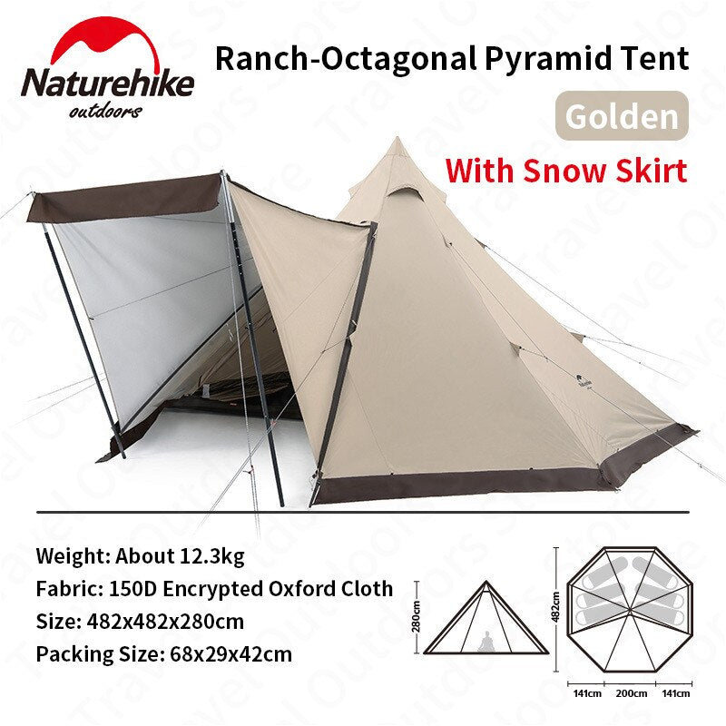 Naturehike 5-8 Persons Camping Tent Premium Octagonal Ranch Pyramid Family with Skirt Glamping Outdoor Portable Shelter 150D Oxford Cloth Waterproof