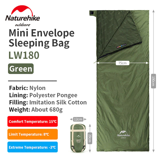 Naturehike LW180 Sleeping Bag Camping Hiking Comfortable Envelope Type Bed Portable Ultralight Foldable Outdoor Pad Breathable  Soft Cotton LW 180