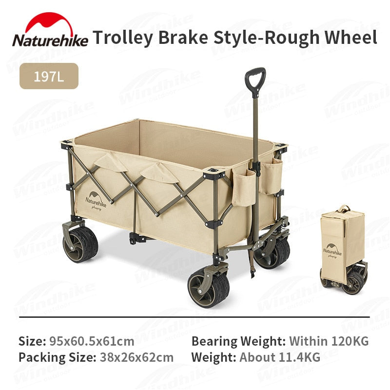 Naturehike TC02 Portable Camping Trolley Cart 197L 120kg Max Fine Narrow Wide Rough with Brake Wheel Stopper 4 Way Folding with Optional Table Board