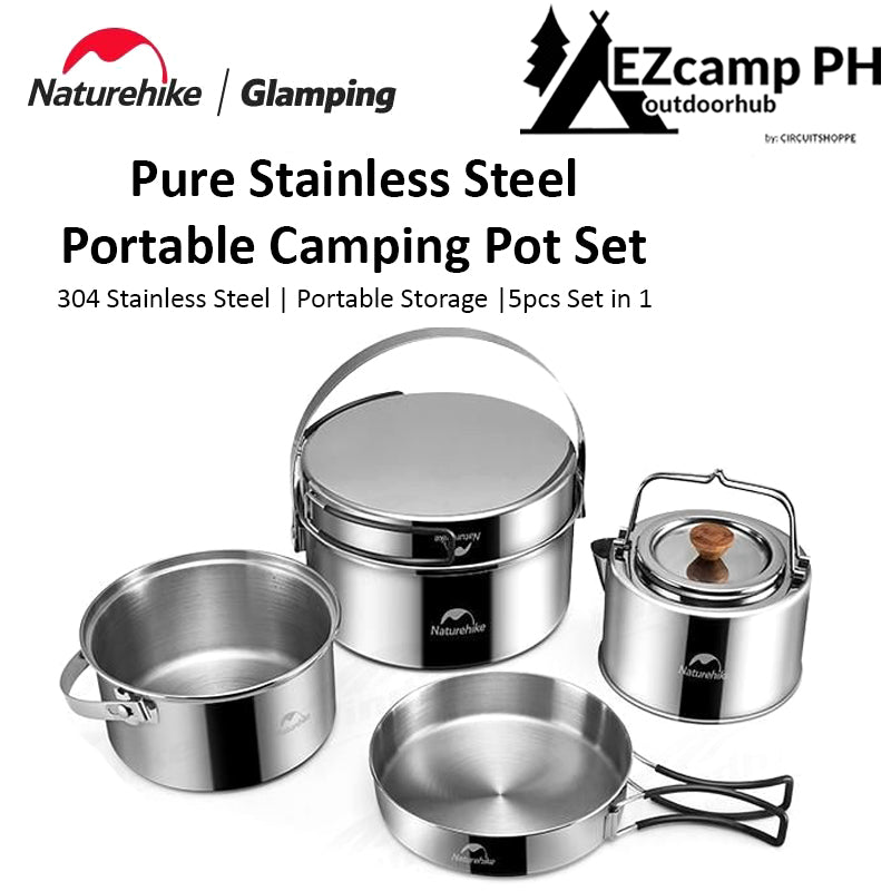 Naturehike Pure 304 Stainless Steel Camping Pot or Pot + Kettle Cookware Set Outdoor 3 in 1 Function and 5pcs in 1 Cooking Pot Frying Pan with Cover