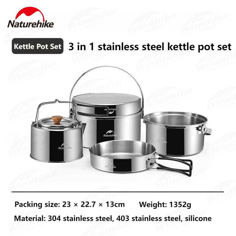 Naturehike Pure 304 Stainless Steel Camping Pot or Pot + Kettle Cookware Set Outdoor 3 in 1 Function and 5pcs in 1 Cooking Pot Frying Pan with Cover