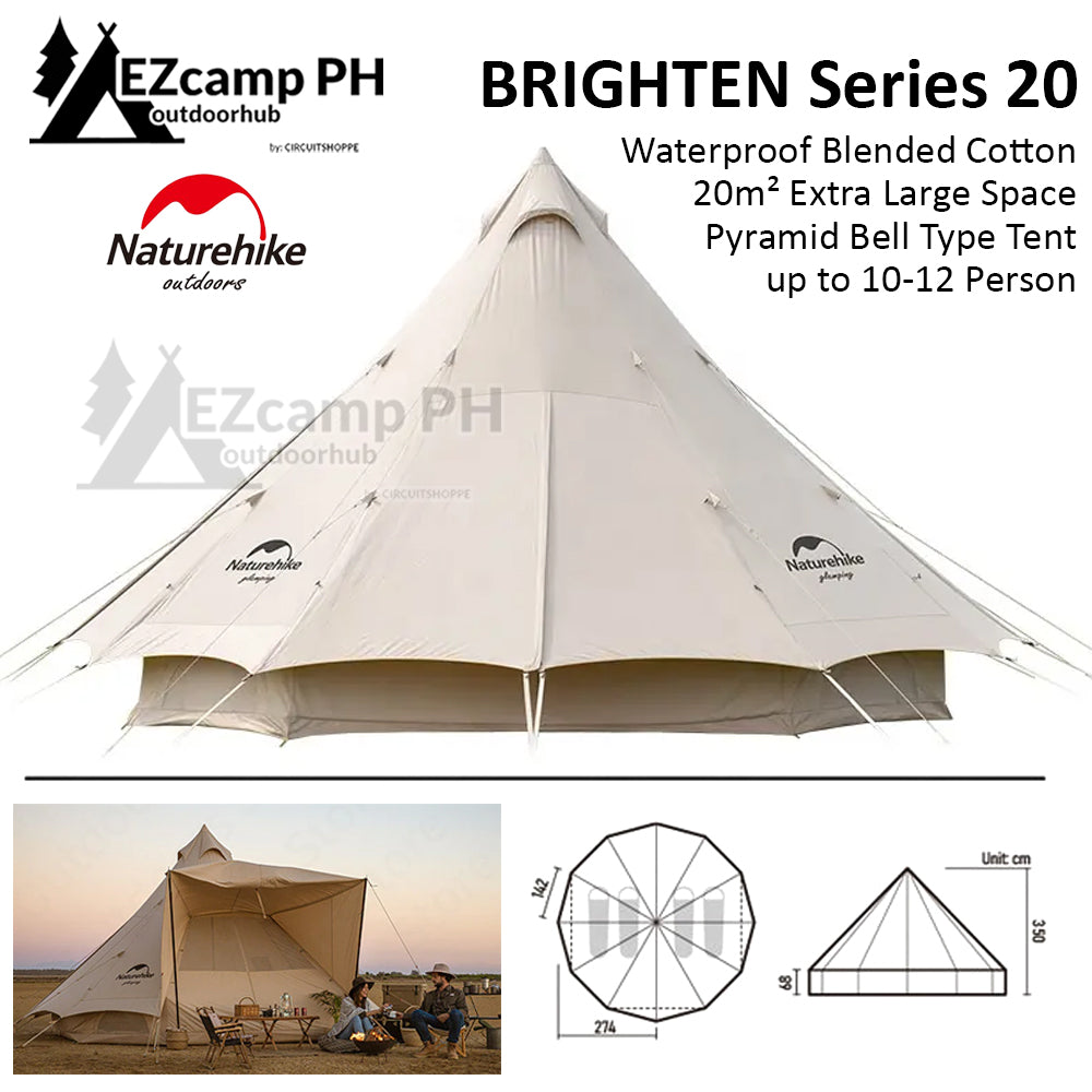 Naturehike BRIGHTEN Series 20 Cotton Pyramid Bell Camping Glamping Tent 20m² Extra Large Family Waterproof Outdoor with Awning for 10 to 12 Person