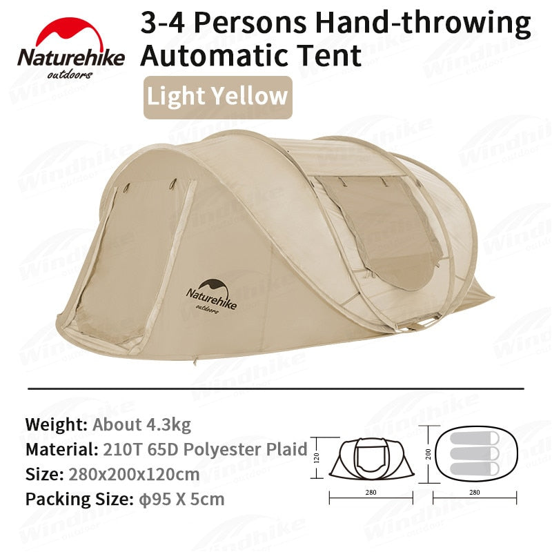 Naturehike 3 to 4 Persons Pop Up Quick Fast Open Automatic Tunnel Camping Tent Portable 2 Doors Large Space Auto Waterproof Tent Folding Storage