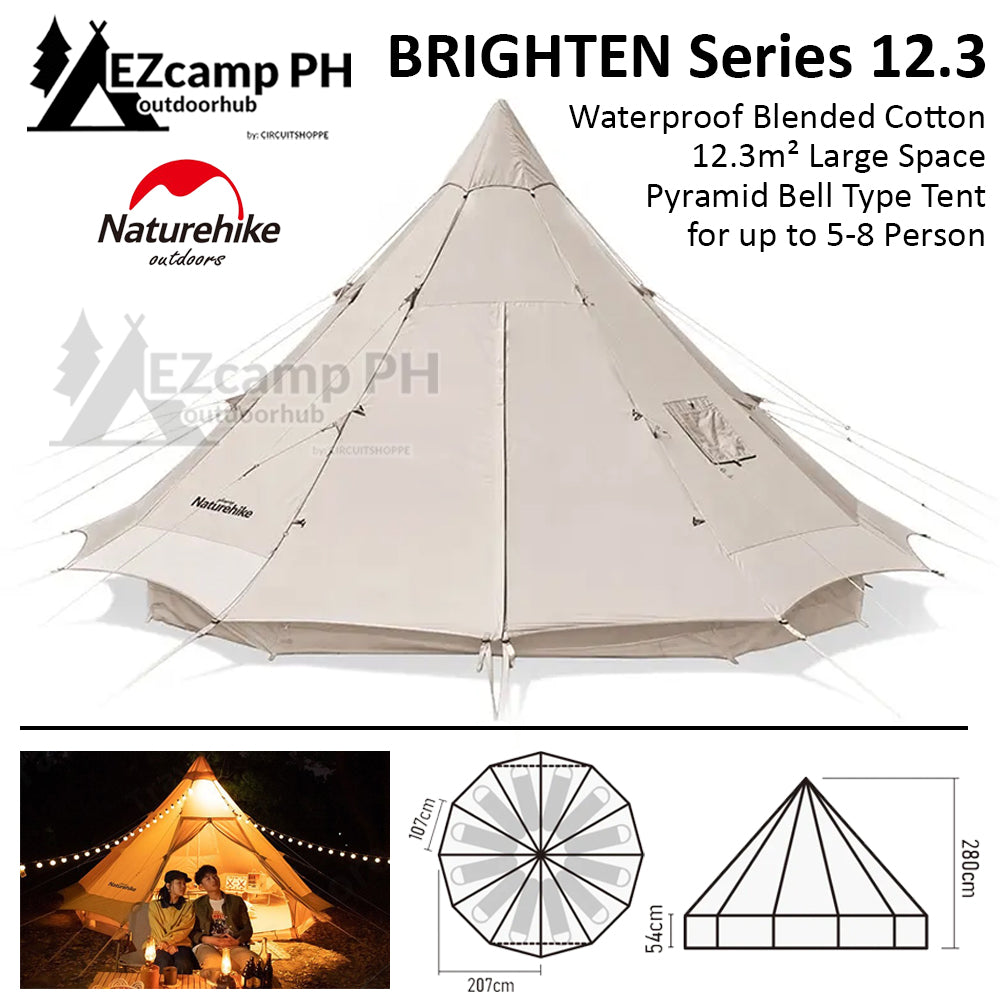 Naturehike BRIGHTEN Series 12.3 Blended Cotton Pyramid Bell Camping Glamping Tent 12.3m² Large Family Group Waterproof for 8 Person Tipi 12