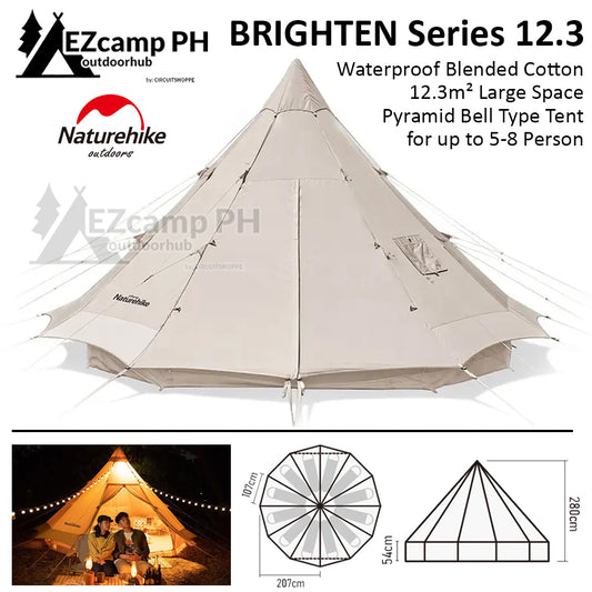 Naturehike BRIGHTEN Series 12.3 Blended Cotton Pyramid Bell Camping Glamping Tent 12.3m² Large Family Group Waterproof for 8 Person Tipi 12