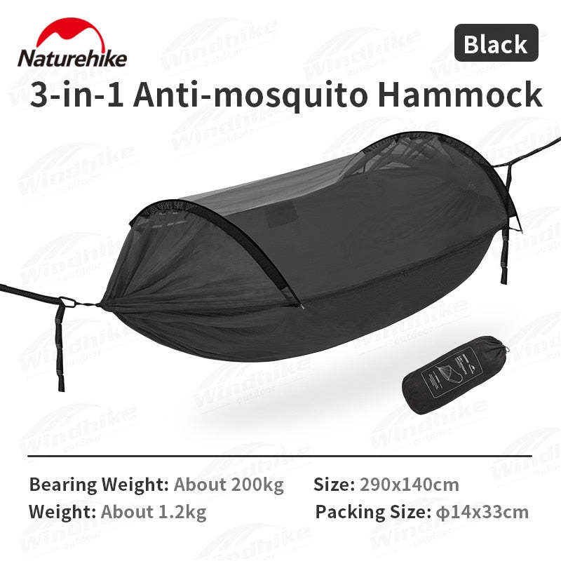 Naturehike 3-in-1 Anti-Mosquito Hammock Portable Ultralight Sleeping Hanging Bed Flying Boat 2 Person Camping Hammock With Anti Mosquito Insect Mesh Screen Cover Breathable Duyan up 200kg Max Load Bending Aluminum Rod Heavy Duty Original Nature Hike