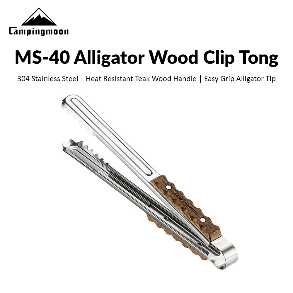 Campingmoon MS-40 Alligator Wood Clip Outdoor BBQ Grill Stainless Steel Tong Premium Teak Wood Heat Resistant Handle Camping Picnic Charcoal Grilling Equipment Utensil Camping Moon