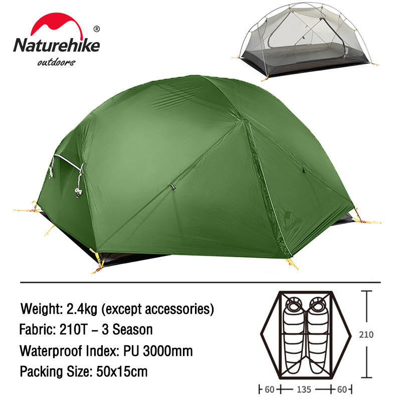 Naturehike MONGAR Series 2 Person 3 Season Camping Backpacking Hiking Ultralight Portable Outdoor Tent Waterproof Windproof 15D 20D Light Weight