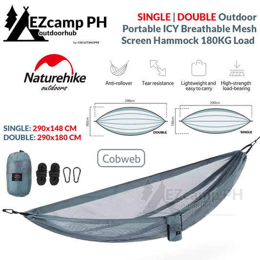 Naturehike Single | Double 1-2 Person Outdoor Portable ICY Breathable Mesh Screen Hammock 200KG Max Load COBWEB Lightweight Folding Camping Camp Duyan Swing Makapal Heavy Duty for Adult and Children Ultralight Picnic Tree Foldable Hanging Bed Nature Hike