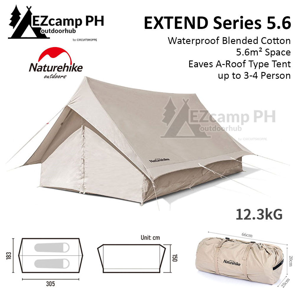 Naturehike EXTEND Series 5.6 Blended Cotton Canvas Eaves A-Roof 5.6m­² Waterproof Camping Glamping Outdoor Tent Premium Family Group for 3 to 4 Person