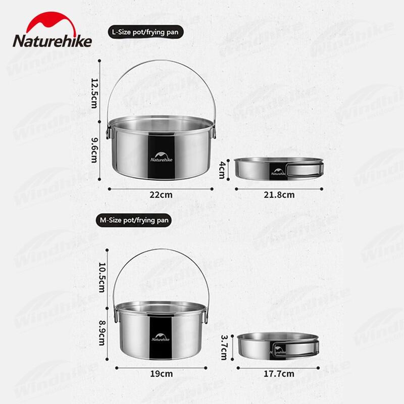 Naturehike Pure 304 Stainless Steel Camping Pot or Pot + Kettle Cookware Set Outdoor 3 in 1 Function and 5pcs in 1 Cooking Pot Frying Pan with Cover