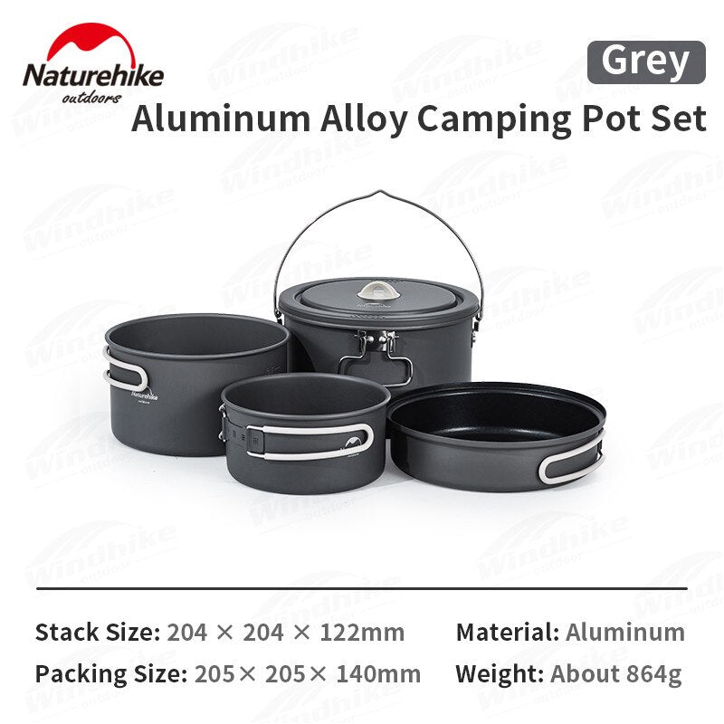 Naturehike Outdoor Portable Tableware Set 4 in 1 Aluminum Alloy Travel Camping Cooking Pot Kettle Set Picnic Ultralight 864g for up to 5 to 6 Persons