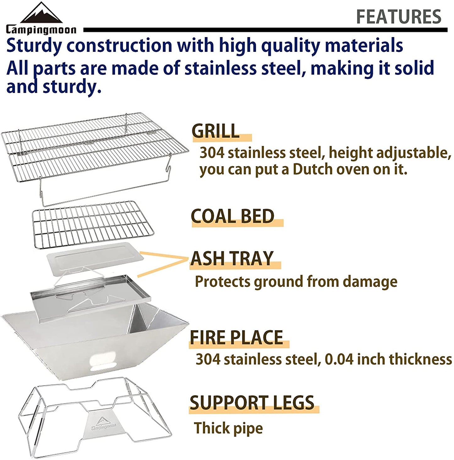 CAMPINGMOON Outdoor Portable Camping BBQ Grill Pure Stainless Steel X-Mini MT-2 MT-3 Charcoal Fire Wood Pit Bonfire Multi Purpose Small Medium Large