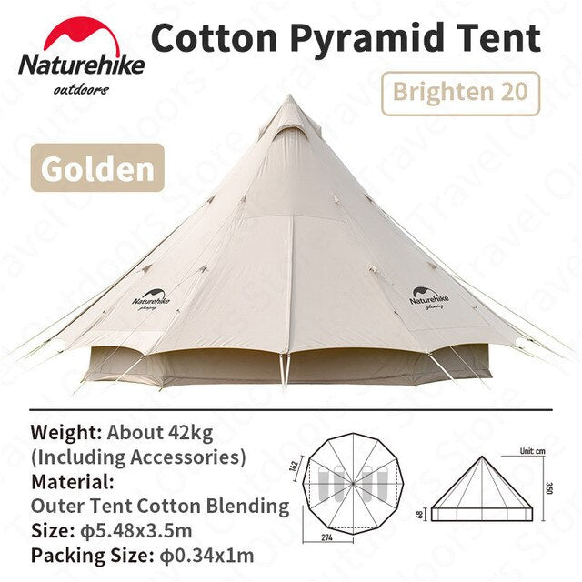 Naturehike BRIGHTEN Series 20 Cotton Pyramid Bell Camping Glamping Tent 20m² Extra Large Family Waterproof Outdoor with Awning for 10 to 12 Person