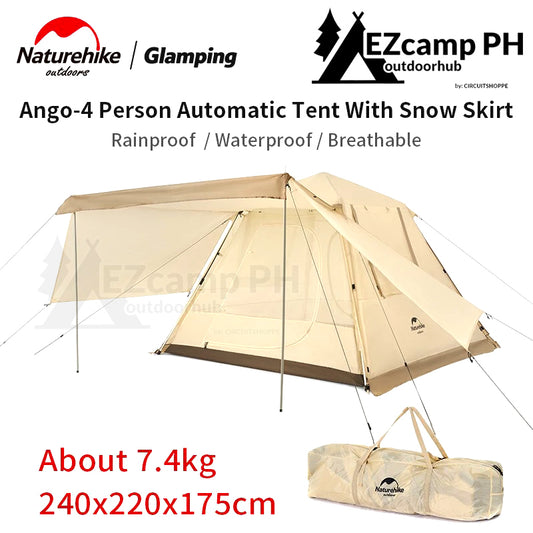 Naturehike ANGO 4 Person Automatic Pole Camping Tent Front Back Side Awning Canopy Snow Rain Skirt Auto Pop up Waterproof Family Outdoor Portable Foldable Folding