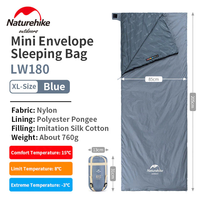 Naturehike LW180 Sleeping Bag Camping Hiking Comfortable Envelope Type Bed Portable Ultralight Foldable Outdoor Pad Breathable  Soft Cotton LW 180