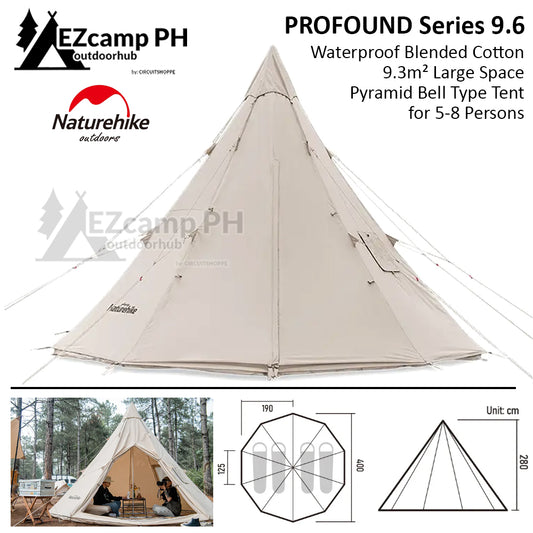 Naturehike PROFOUND Series 9.6 Cotton Pyramid Bell Camping Glamping Tent 9.3m² Large Family Group Waterproof Outdoor for 5 to 8 Person Tipi Tepee