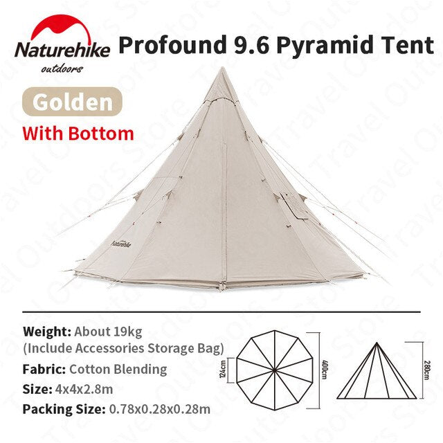 Naturehike PROFOUND Series 9.6 Cotton Pyramid Bell Camping Glamping Tent 9.3m² Large Family Group Waterproof Outdoor for 5 to 8 Person Tipi Tepee