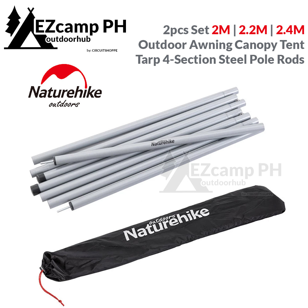 Naturehike 2pcs Set 2M | 2.2M | 2.4M Outdoor Portable Awning Canopy Tarp Tent Steel Iron Pole Rod 4 Section Camping Glamping Camp Shelter Support