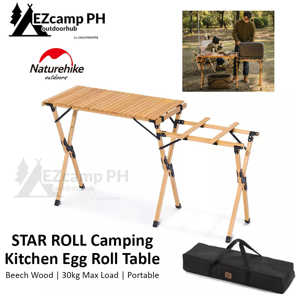 Naturehike STAR ROLL Camping Egg Roll Table Outdoor Portable Outdoor Picnic Travel BBQ Mobile Kitchen Solid Beech Wood Folding Table Load Bearing 30kg