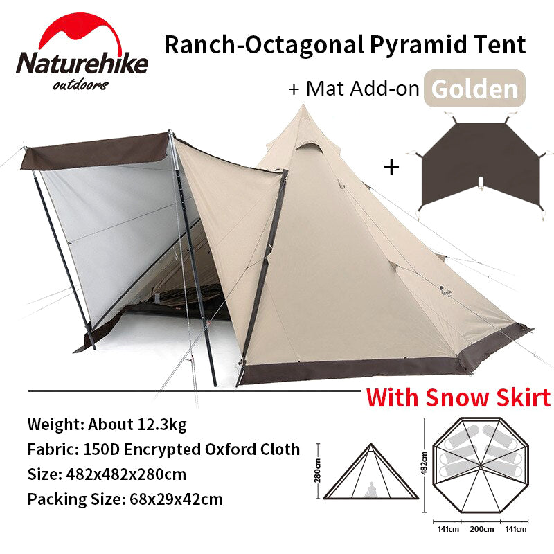 Naturehike 5-8 Persons Camping Tent Premium Octagonal Ranch Pyramid Family with Skirt Glamping Outdoor Portable Shelter 150D Oxford Cloth Waterproof