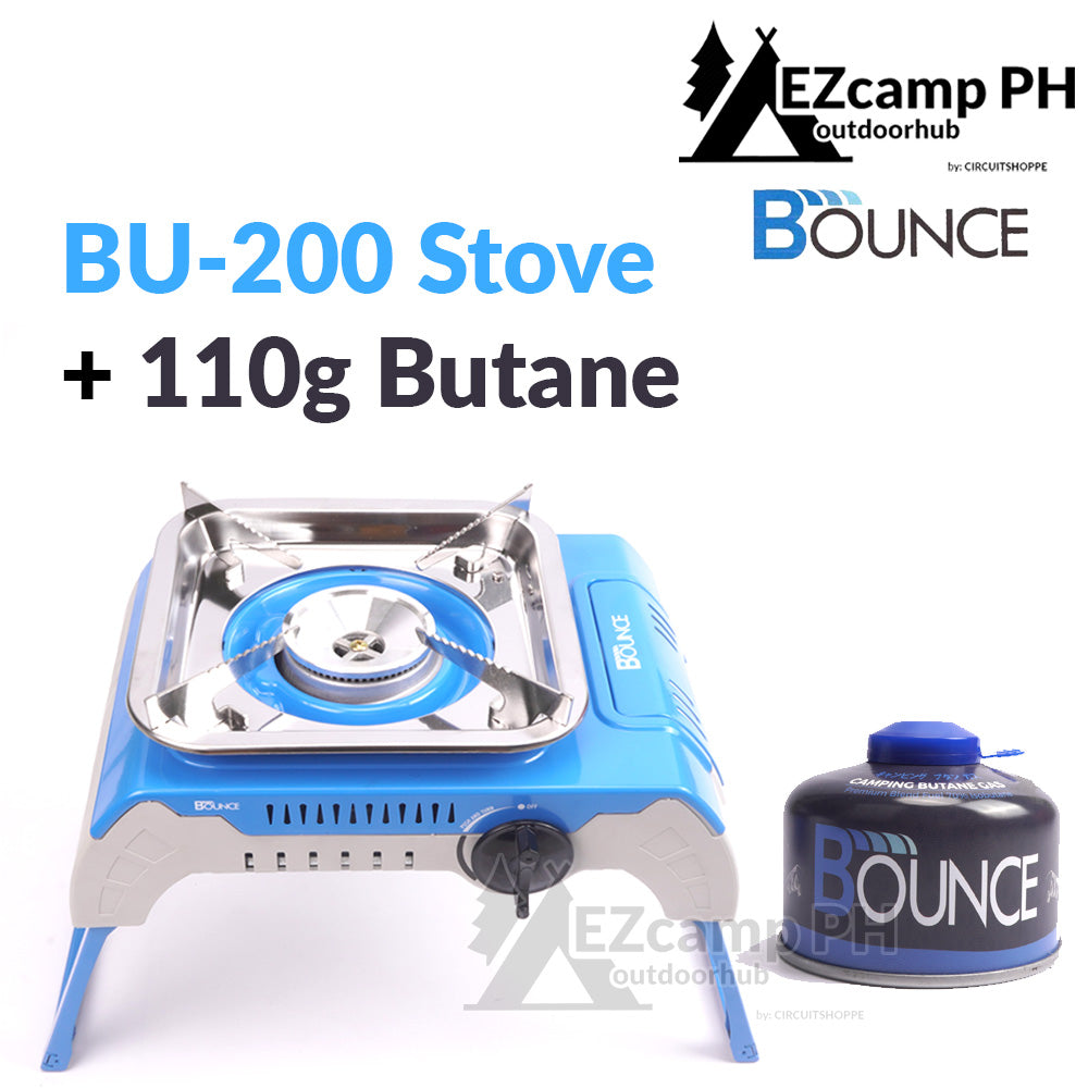 BOUNCE BU-200 Outdoor Portable Camping Cooking Stove with Foldable Legs Stand and Case for Screw Type Camping Butane Isobutane Gas Fuel Can Canister Cassette Camp Burner Original Heavy Duty BU 200 BU200