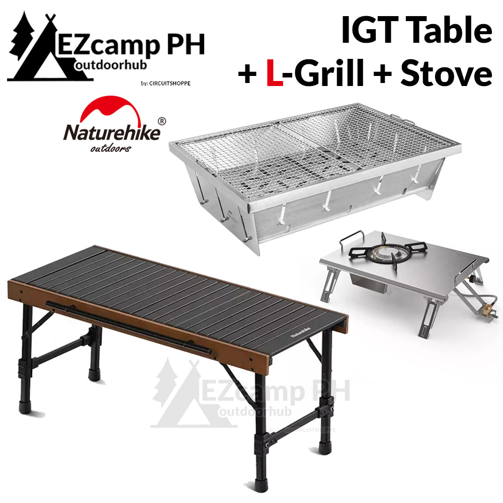 Naturehike IGT Combination Table Outdoor Portable Folding Picnic BBQ Aluminum Alloy Table Combined With BBQ Grill Or Gas Stove Bundle Set Loab Bearing Up to 30kg Foldable Wood Light Egg Roll Camping Hiking Beach Travel Original Nature Hike