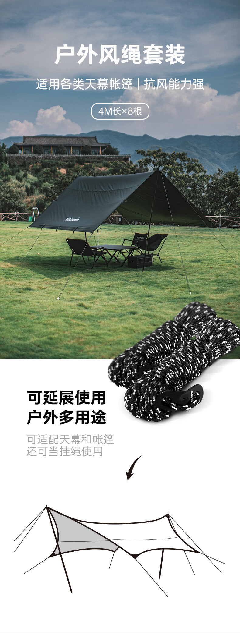 BLACKDOG by Naturehike 8pcs Set of 4m Black Wind Rope with Buckle Tensioner Outdoor Camping Tent Tarp Reflective Nylon Guy Lines 4mm String Size