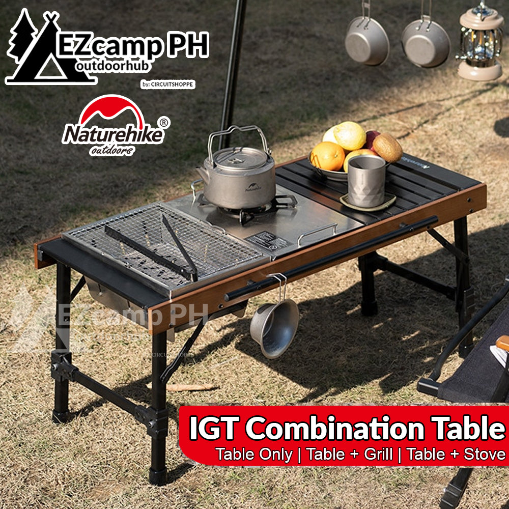 Naturehike IGT Combination Camping Outdoor Table Portable Folding with BBQ Grill or Gas Stove Bundle Set Foldable Wood Light Egg Roll Nature Hike