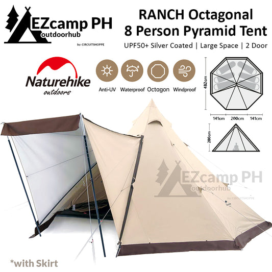 Naturehike 5-8 Persons Camping Tent Premium Octagonal Ranch Pyramid Family with Skirt Glamping Outdoor Portable Shelter 150D Oxford Cloth Waterproof