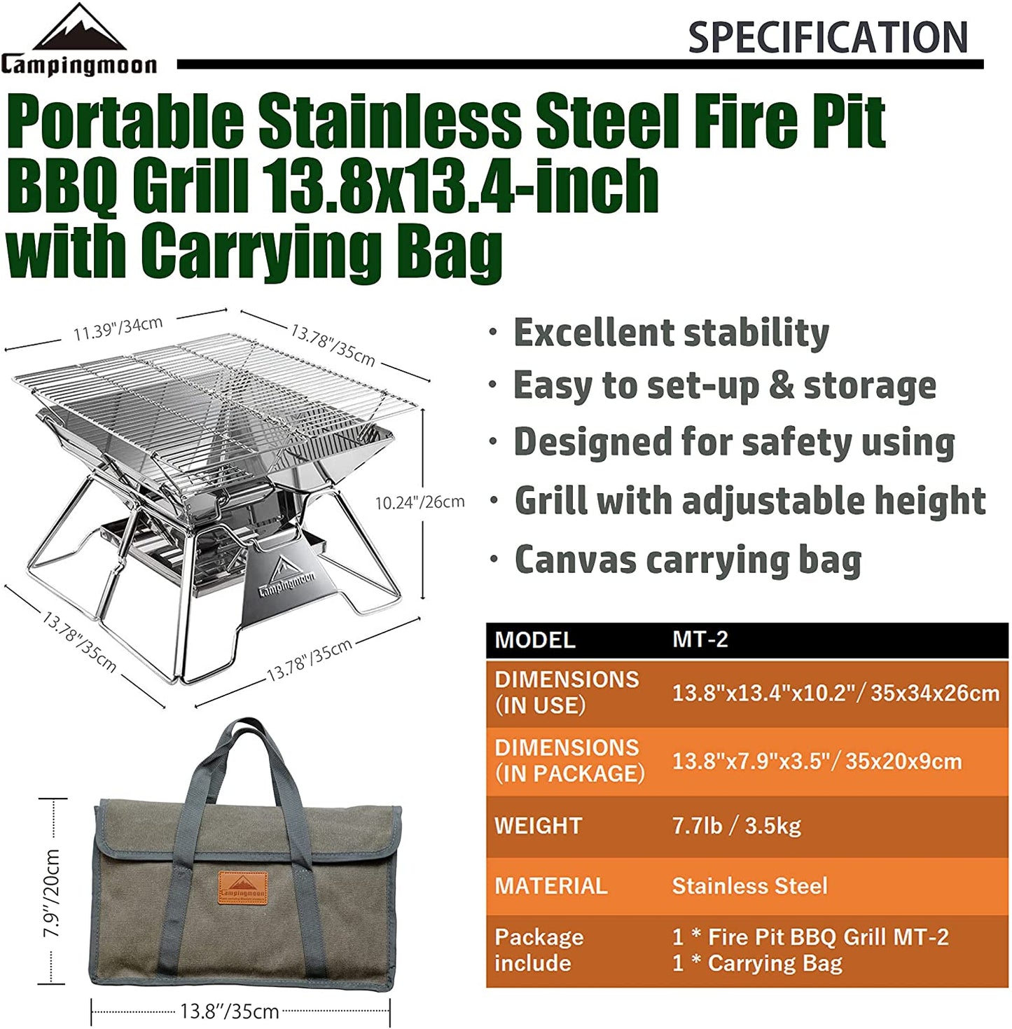 CAMPINGMOON Outdoor Portable Camping BBQ Grill Pure Stainless Steel X-Mini MT-2 MT-3 Charcoal Fire Wood Pit Bonfire Multi Purpose Small Medium Large