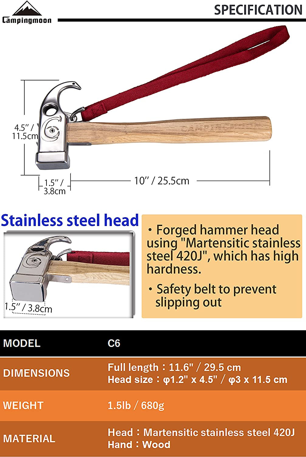 CAMPINGMOON C6 Stainless Steel Peg Stakes Ground Nail Camping Multi Purpose Hammer Tent Survial Tool Outdoor Heavy Duty Wooden Wood Mallet