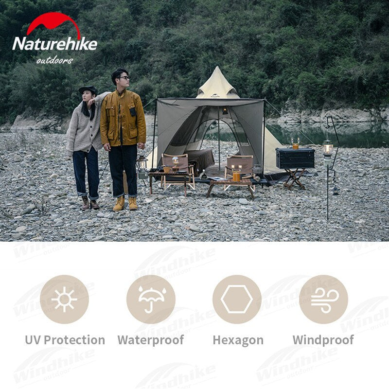 Naturehike RANCH Series Hexagonal Tipi Style Pyramid Camping Tent for 3 to 4 Person with Skirt Waterproof Hexagon 2 Door Hall Outdoor Shelter Bell