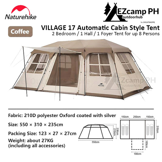 Naturehike VILLAGE 17 Cabin Style Camping Ridge Automatic Tent 210D Quick Pole Double 2 Bedroom 1 Hall Foyer 6 to 8 People Waterproof Hut Village17