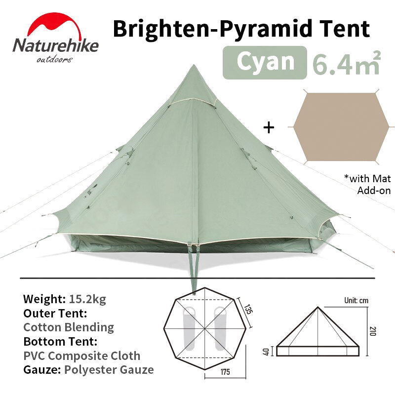 Naturehike BRIGHTEN Series 6.4 Blended Cotton Pyramid Bell Camping Glamping Tent 6.4m² Family Waterproof Outdoor Luxury Shelter for 4 to 6 Person Tipi